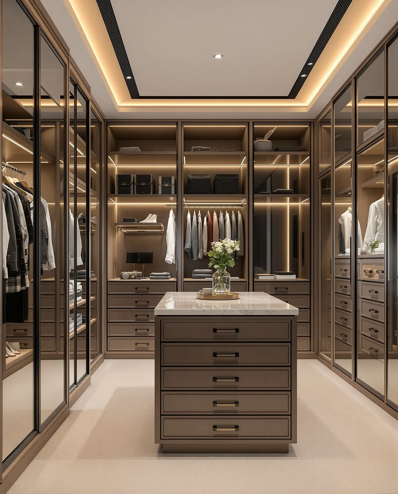 Bespoke smoked oak walk-in wardrobe with a central island (inspiration image)
