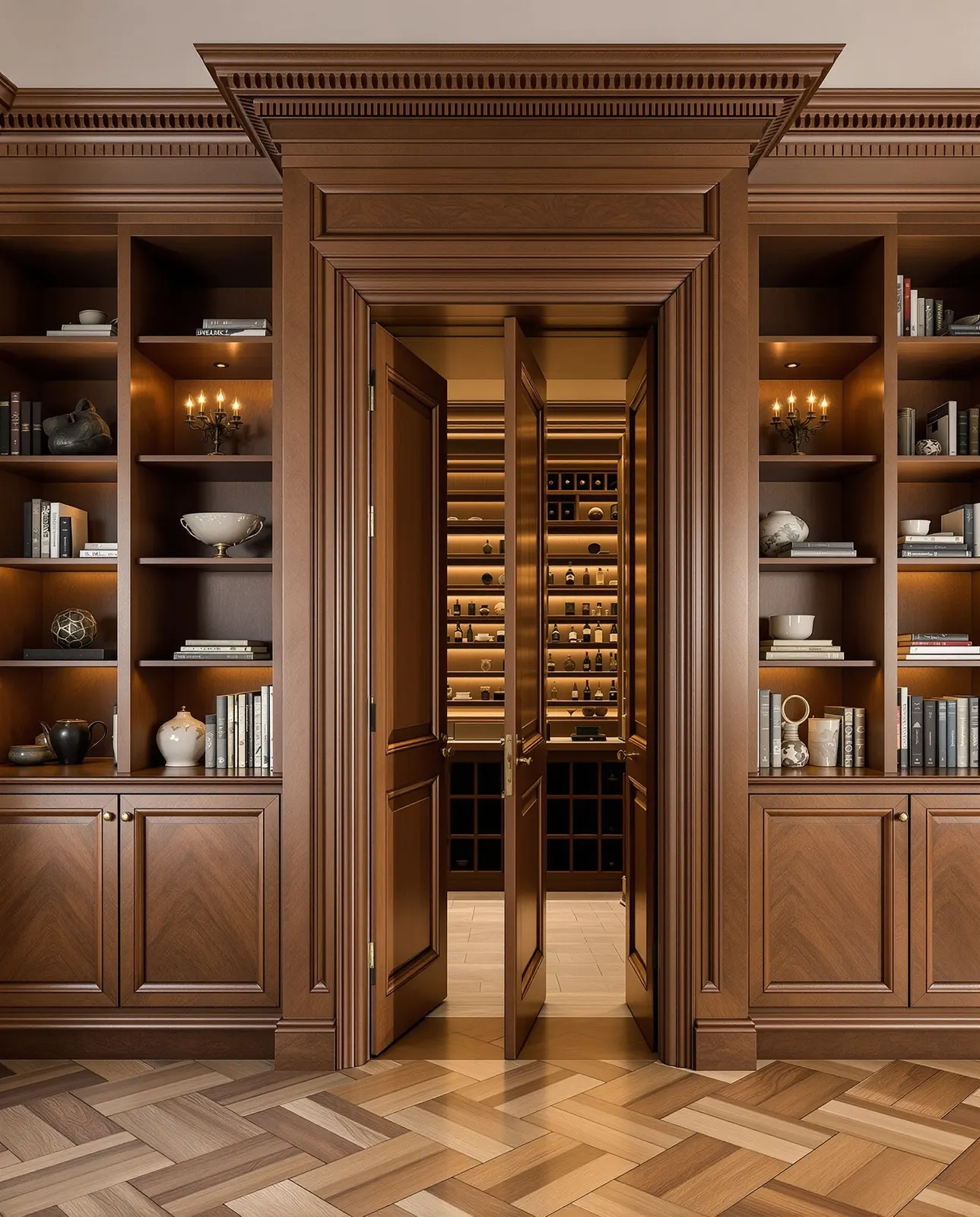 Hidden door in a walnut bookcase opening onto a wine cellar (inspiration image)