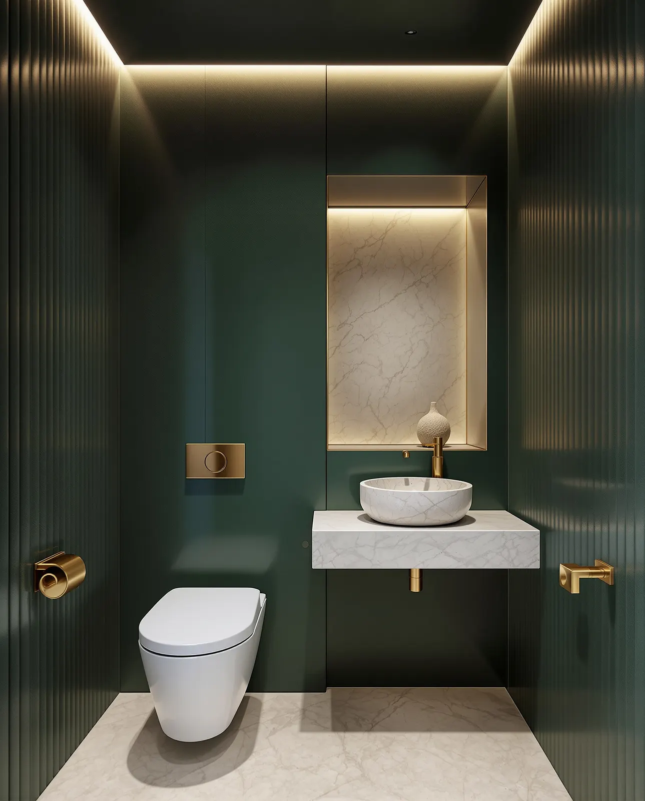 Guest cloakroom in green fluted plaster with a stone basin (inspiration image)